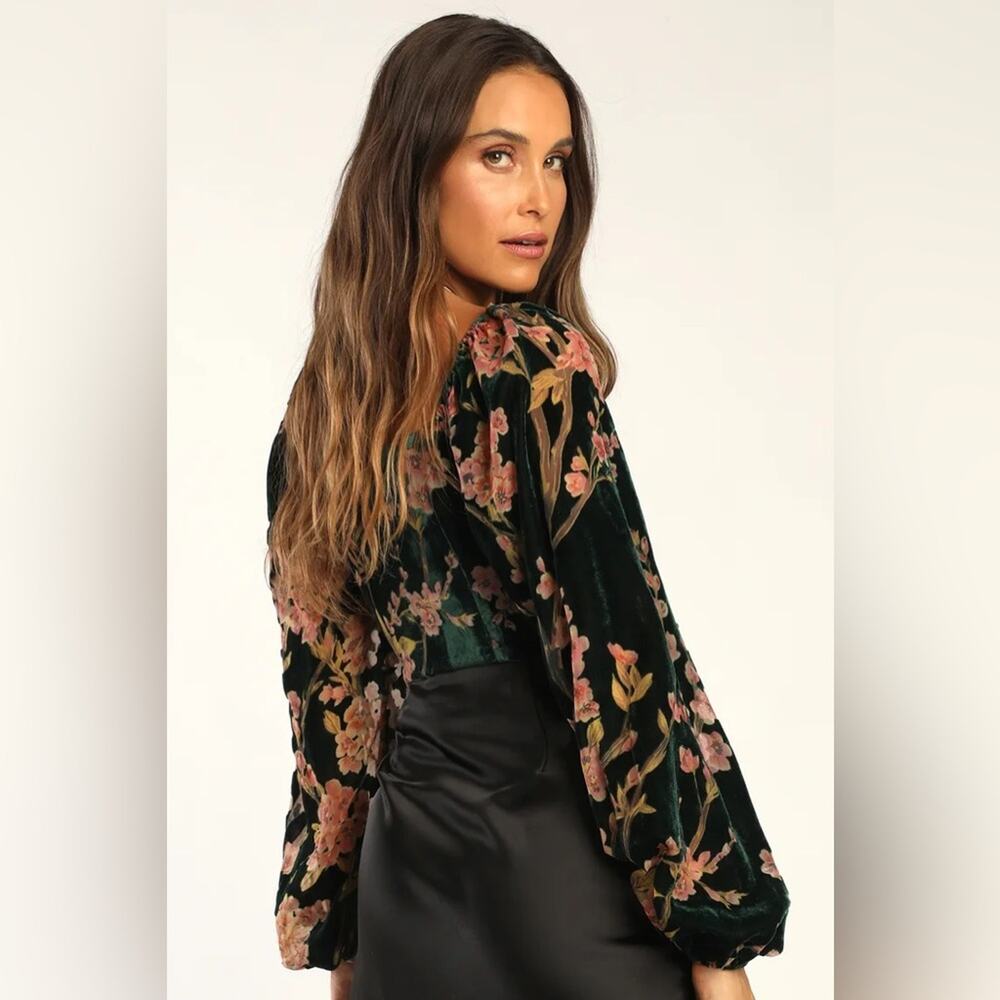 Lulus Luxe Romance Emerald Velvet Floral Burnout Long Sleeve Bodysuit - Picture 2 of 8